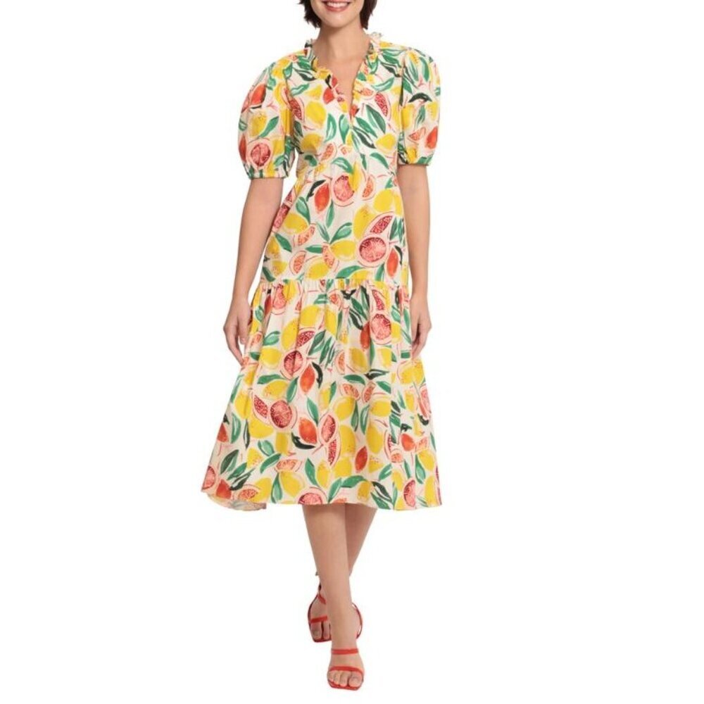 Donna Morgan dress 8 citrus fruit print white yellow green red cotton midi